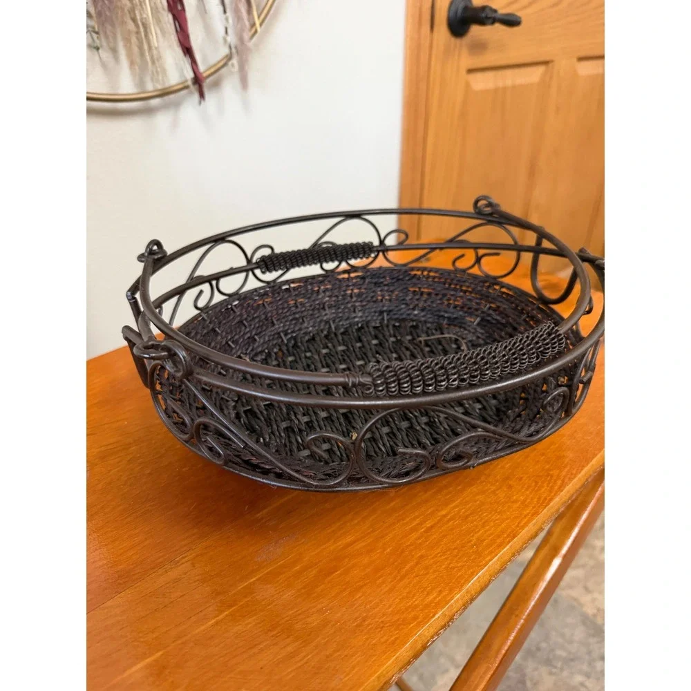 Vintage Dark Brown Metal Wire and Woven Seagrass Oval Basket with Swing Handle